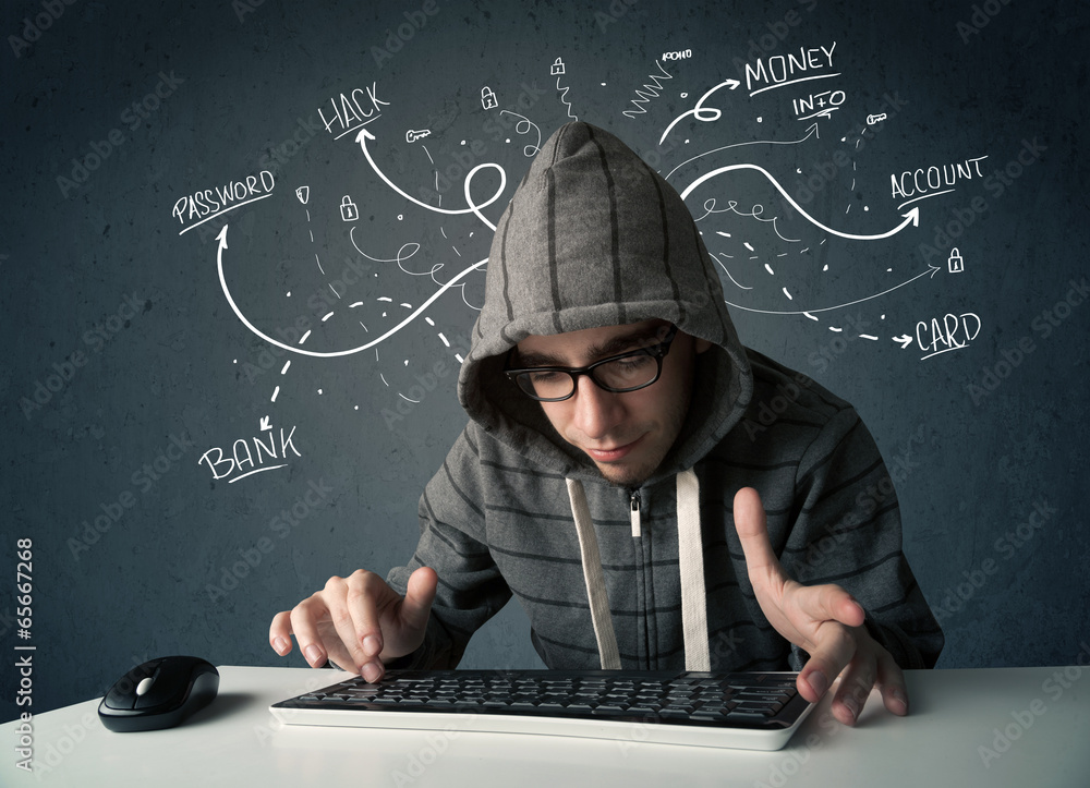 Poster young hacker with white drawn line thoughts