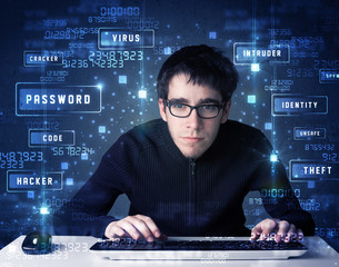 Hacker programing in technology enviroment with cyber icons