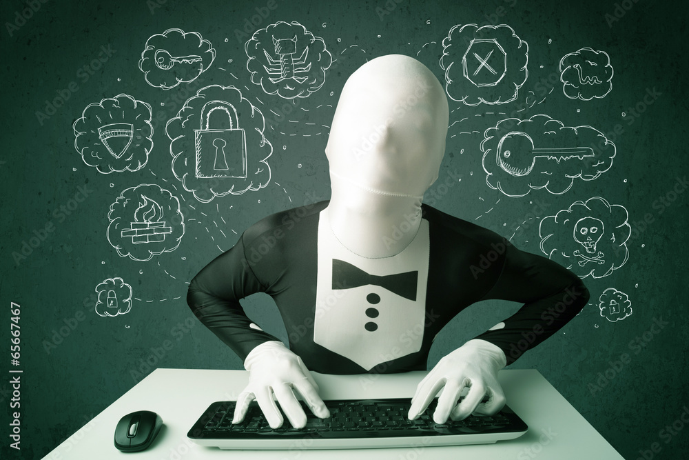 Poster hacker in mask morphsuit with virus and hacking thoughts