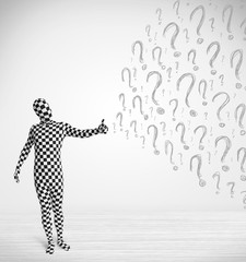 3d human character is body suit looking at hand drawn question m