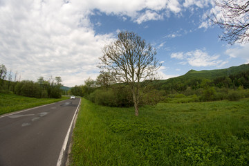 Fototapeta premium droga asfaltowa w górach, Ustrzyki Górne, Bieszczady, Polska