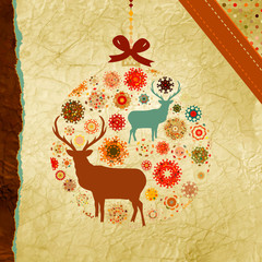 Santa Claus Deer vintage Christmas card. EPS 8