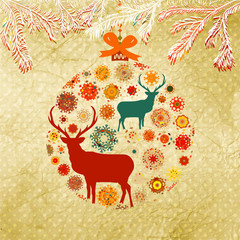 Santa Claus Deer vintage Christmas card. EPS 8