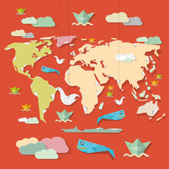 Retro Paper Vector World Map Illustration on Red Background