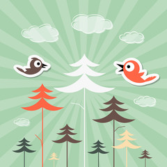 Retro Paper Forest and Birds Vector Illustration