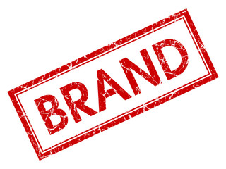 Brand red square grungy stamp isolated on white background