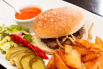 burger with mug of beer