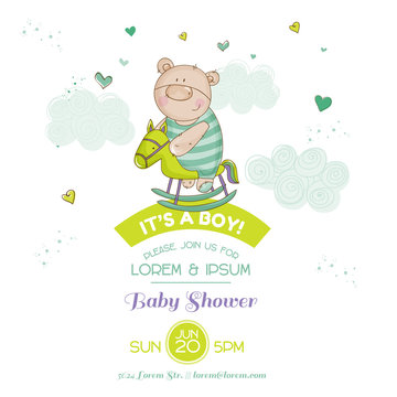 Baby Shower Card - with Baby Bear and Horse - in vector