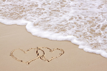 Fototapeta na wymiar Two hearts on the beach.