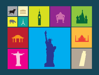 flat colour icons on coloured background of famous landmarks
