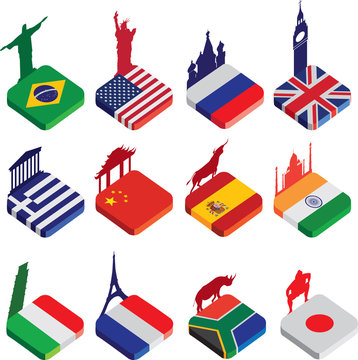 flat isometric 3d flag icons, famous world landmarks on white