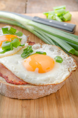 Fresh bread with eggs and ham