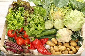 Fresh vegetables in a wooden box