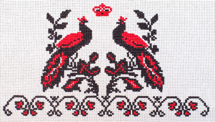 peacocks embroidered cross-stitch pattern, wedding towel, ethnic