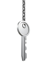metallic key with chain isolated on white