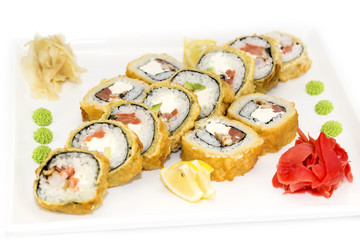 Japanese sushi fish and seafood on white background