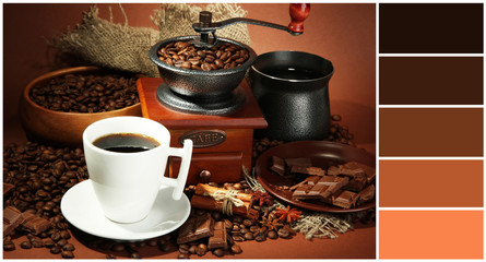 Cup of coffee, grinder, turk and coffee beans