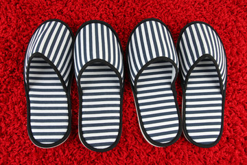 Striped slippers on carpet background