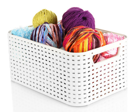 Plastic basket with yarn for knitting isolated on white