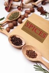 Foto op Plexiglas Different spices and blank paper, isolated on white © Africa Studio