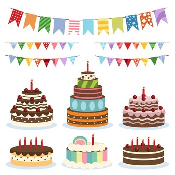 Colorful birthday banners and cakes