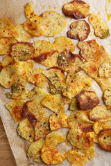 Homemade potato chips, close up