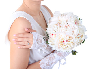 Obraz na płótnie Canvas Bride holding wedding bouquet of white peonies, close-up,