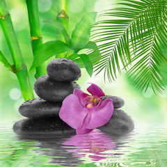 spa Background -  black stones and bamboo on water