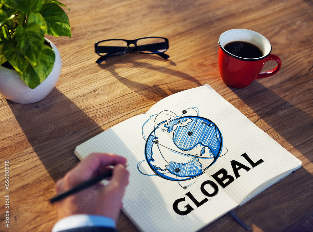 Poster man with a note pad and global network concept