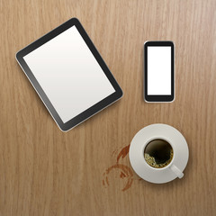 Fototapeta na wymiar 3d empty tablet with mobile phone and a cup of coffee on the woo