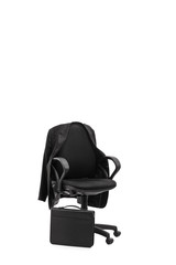 Studio shot of an office chair with a coat hanging on it