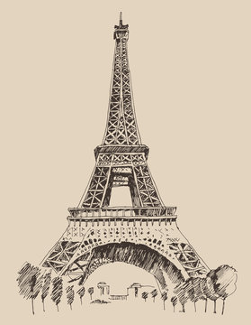 Eiffel Tower in Paris architecture, engraved illustration