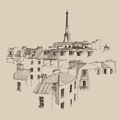 Fototapeta premium Eiffel Tower in Paris, city architecture, engraved illustration