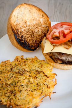 Hamburger with cheese tomatoes and onions