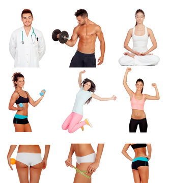 Photo collage of healthy people practicing fitness