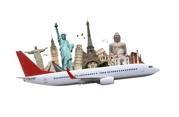 Travel the world monuments plane concept
