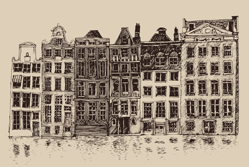Fototapeta na wymiar Amsterdam, city architecture, vintage engraved illustration