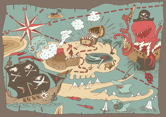 Island Treasure Map (pirate map), vector illustration © TheMountBirdStudio