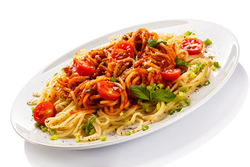 Pasta with meat, tomato sauce, parmesan and vegetables