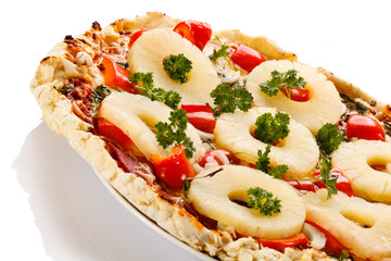 Pizza Hawaii on white background