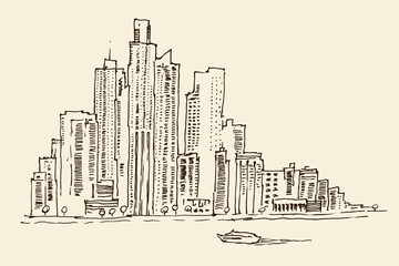 Fototapeta premium Architektura Nowego Jorku, vintage grawerowane ilustracji