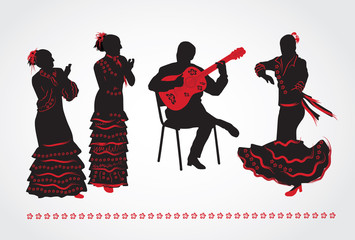 Flamenco dancers and a guitarist. Set of silhouettes on a white