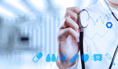 Medicine doctor hand working with modern computer interface as c