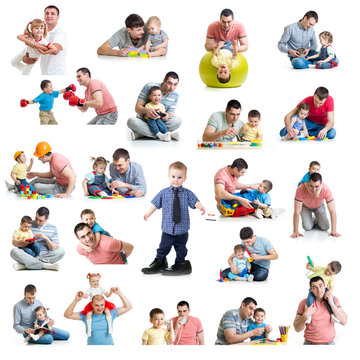 Babies and kids collage  with dads. Paternity and fatherhood con