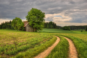 A barn in fields