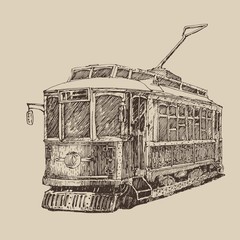 vintage tram, engraved illustration, hand drawn