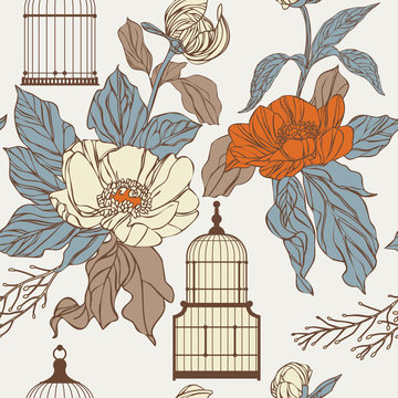 Pattern with birdcages and leaves