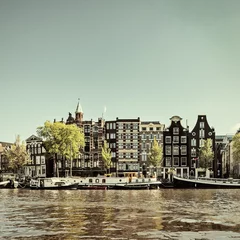 Fotobehang Retro styled image of an Amsterdam canal © Martin Bergsma