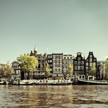 Retro styled image of an Amsterdam canal