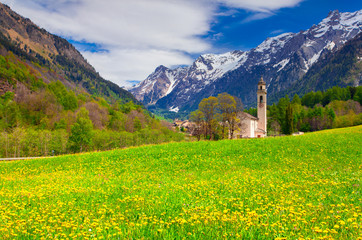 Fototapeta premium Beautiful spring landscape with church in Borgonovo village